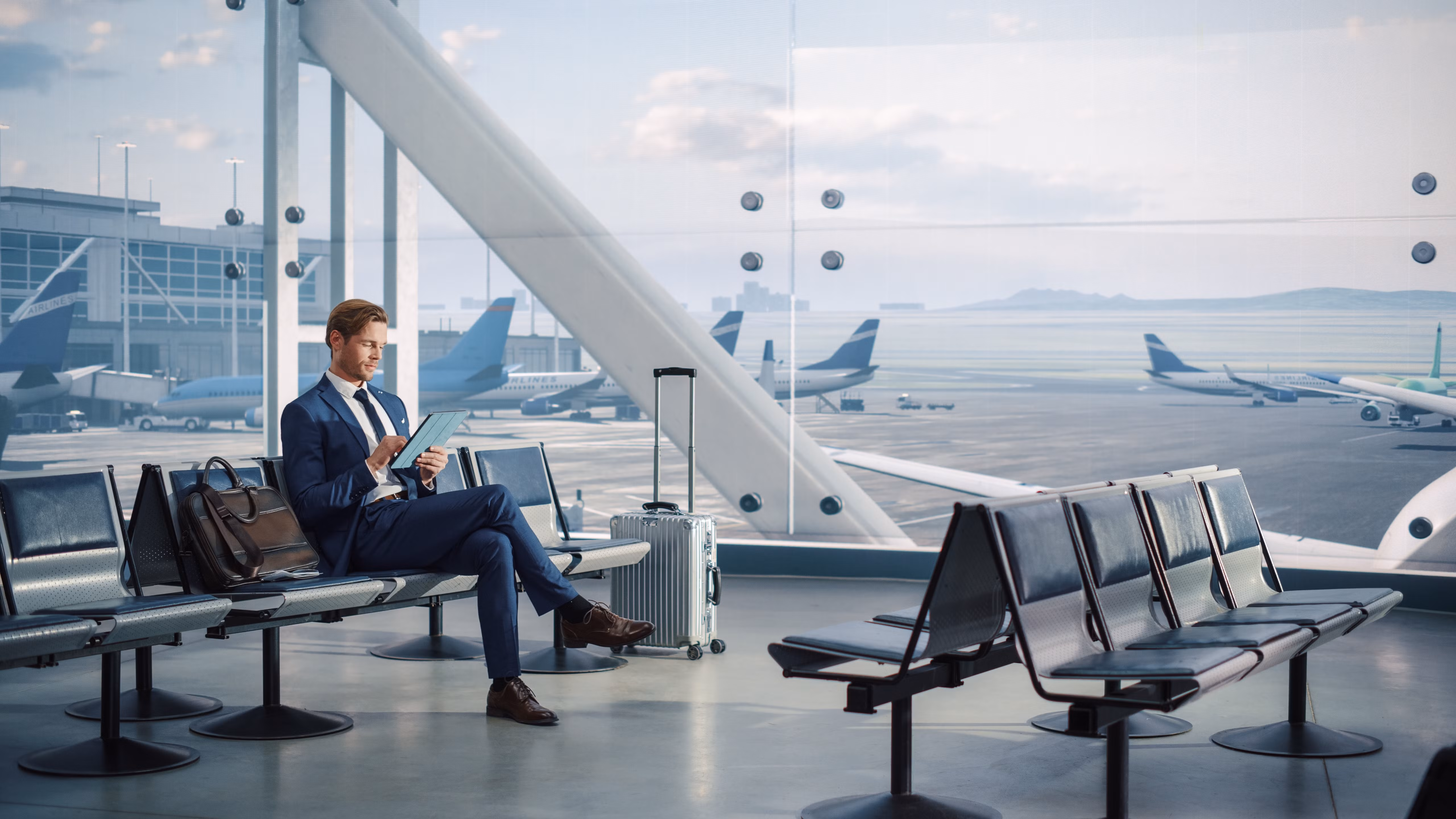 Executivo em aeroporto — gestão de viagens corporativas